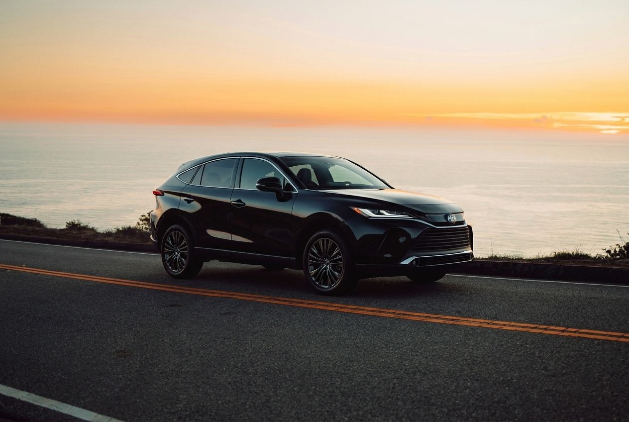 Black 2021 Toyota Venza SUV on a coastal road at sunset
